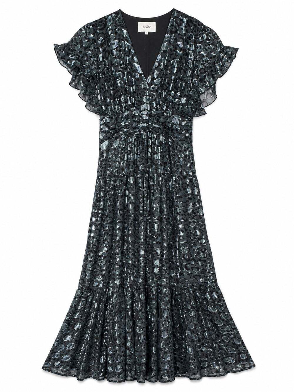 ba&sh Gemma Metallic Leopard Silk Blend Maxi Dress Size 3 L Black Ruffle blue